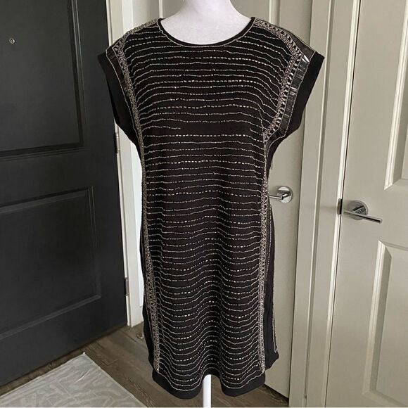 Mango Black and Silver Beaded Short Sleeve Shift-Style Shirt Dress Size S - Picture 1 of 10
